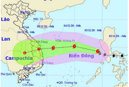 Dự báo vị trí và hướng di chuyển của cơn bão Goni; theo Trung tâm Dự báo Khí tượng Thủy văn Quốc gia.